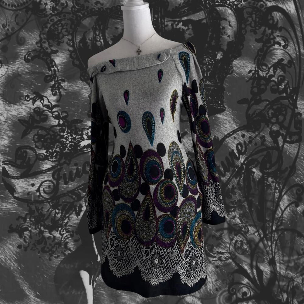 intricate paisley medallion heather grey boho grunge whimsical long sleeve dress
